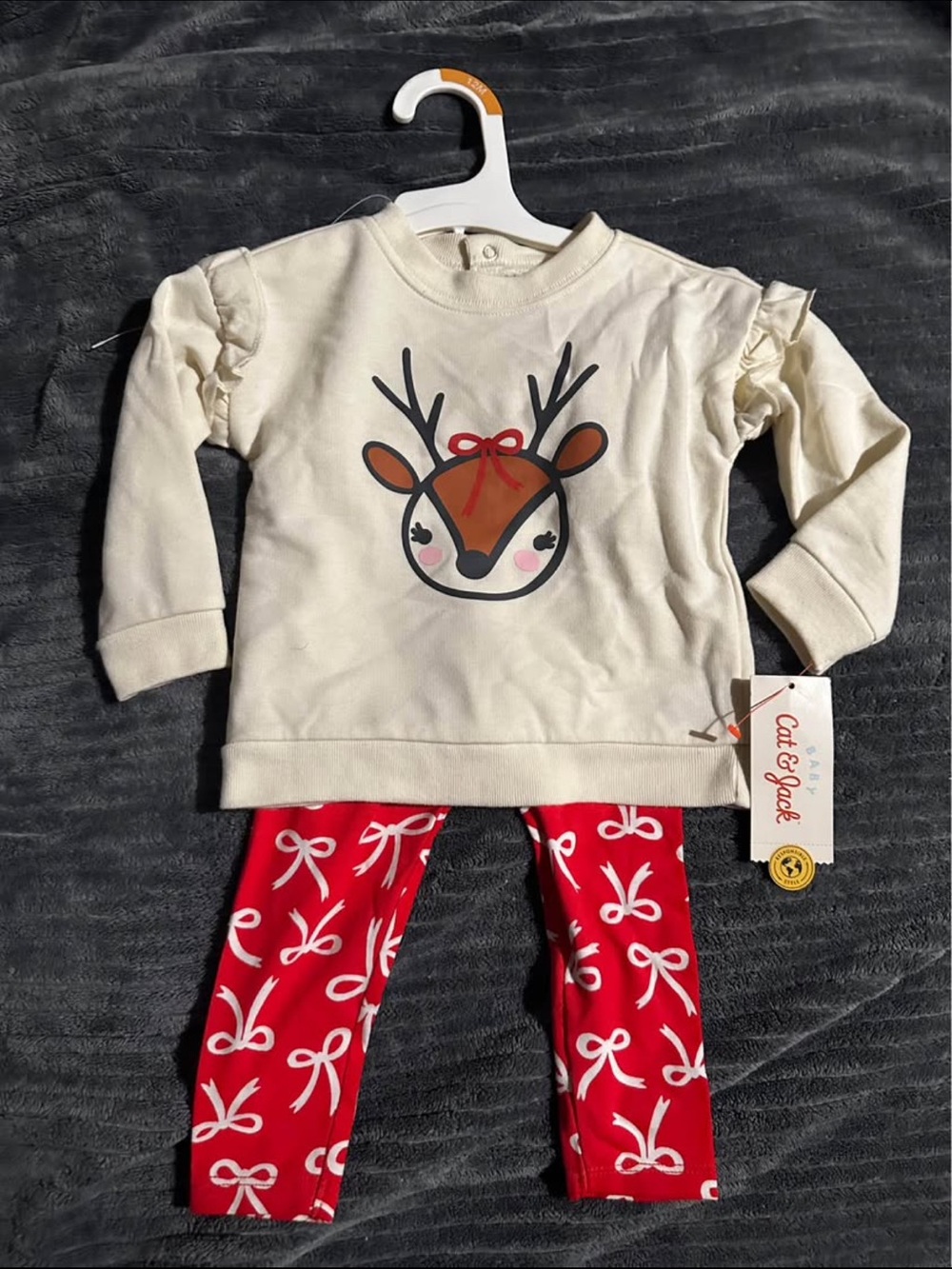 Cat & Jack Cream Reindeer Top with Red Bow-Print Leggings Pajama Set